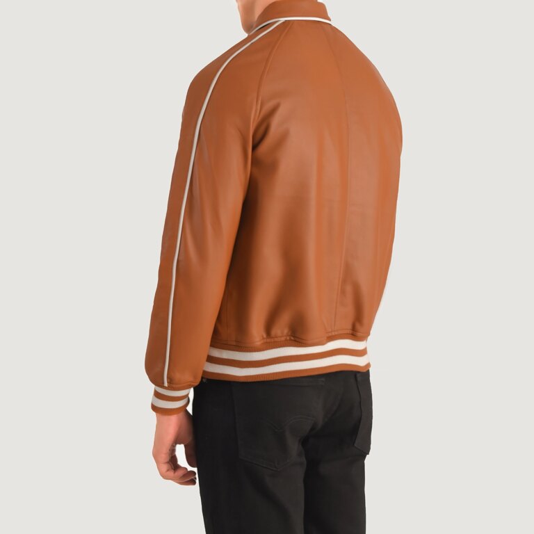 Mens Cooper Tan Brown Leather Varsity Jacket Tilted Back-8-1704123699488